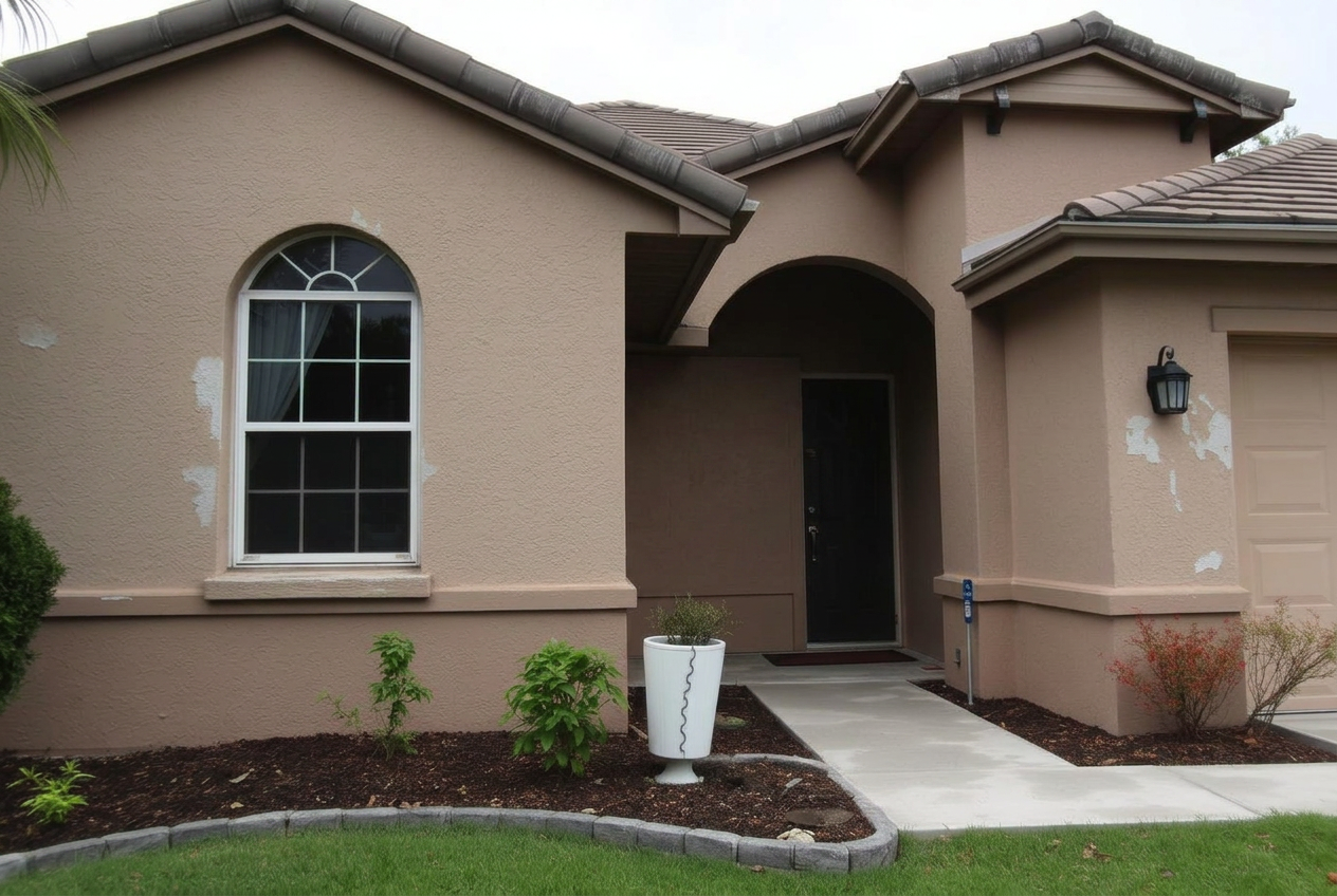 Weathered Florida home exterior with peeling beige paint before painting